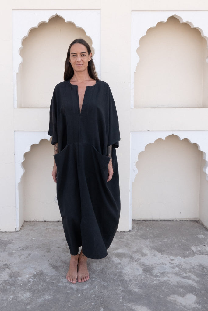 Black Organic Hand - Woven Khadi Sanctuary Kaftan - YEVA WORLD