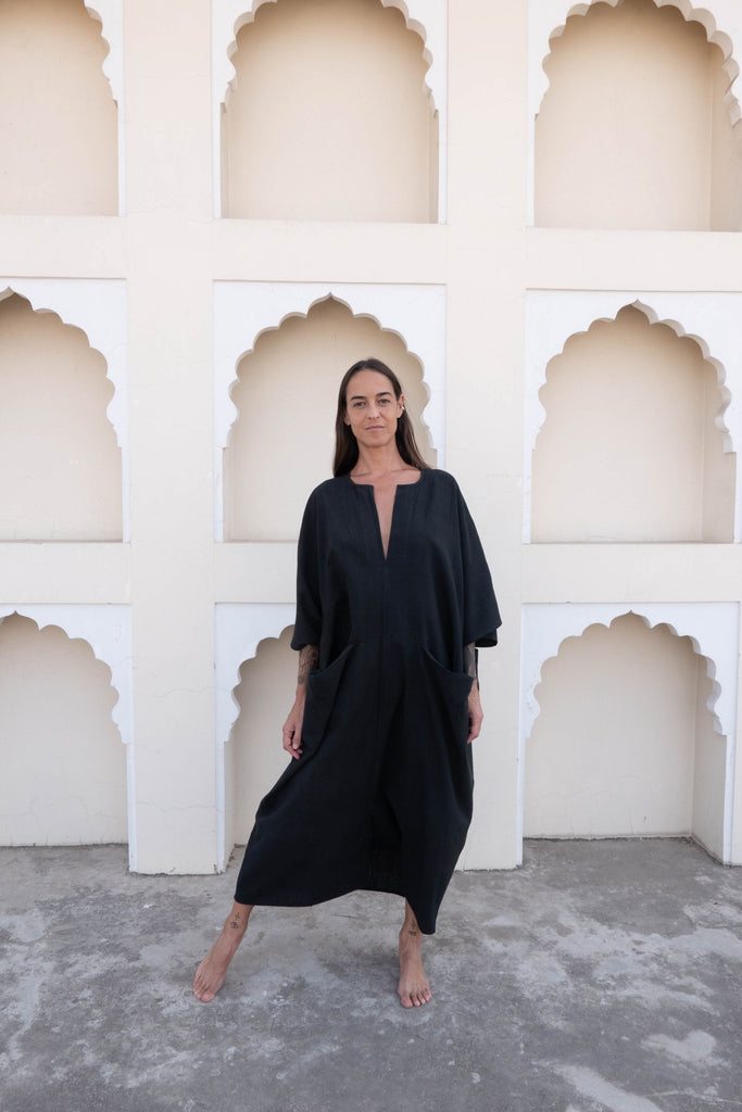 Black Organic Hand - Woven Khadi Sanctuary Kaftan - YEVA WORLD