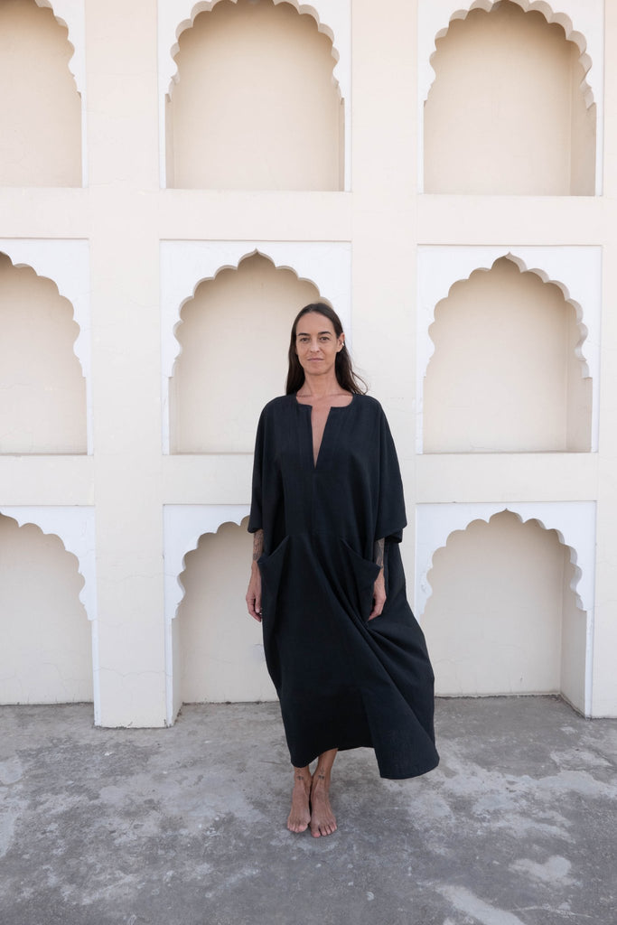 Black Organic Hand - Woven Khadi Sanctuary Kaftan - YEVA WORLD