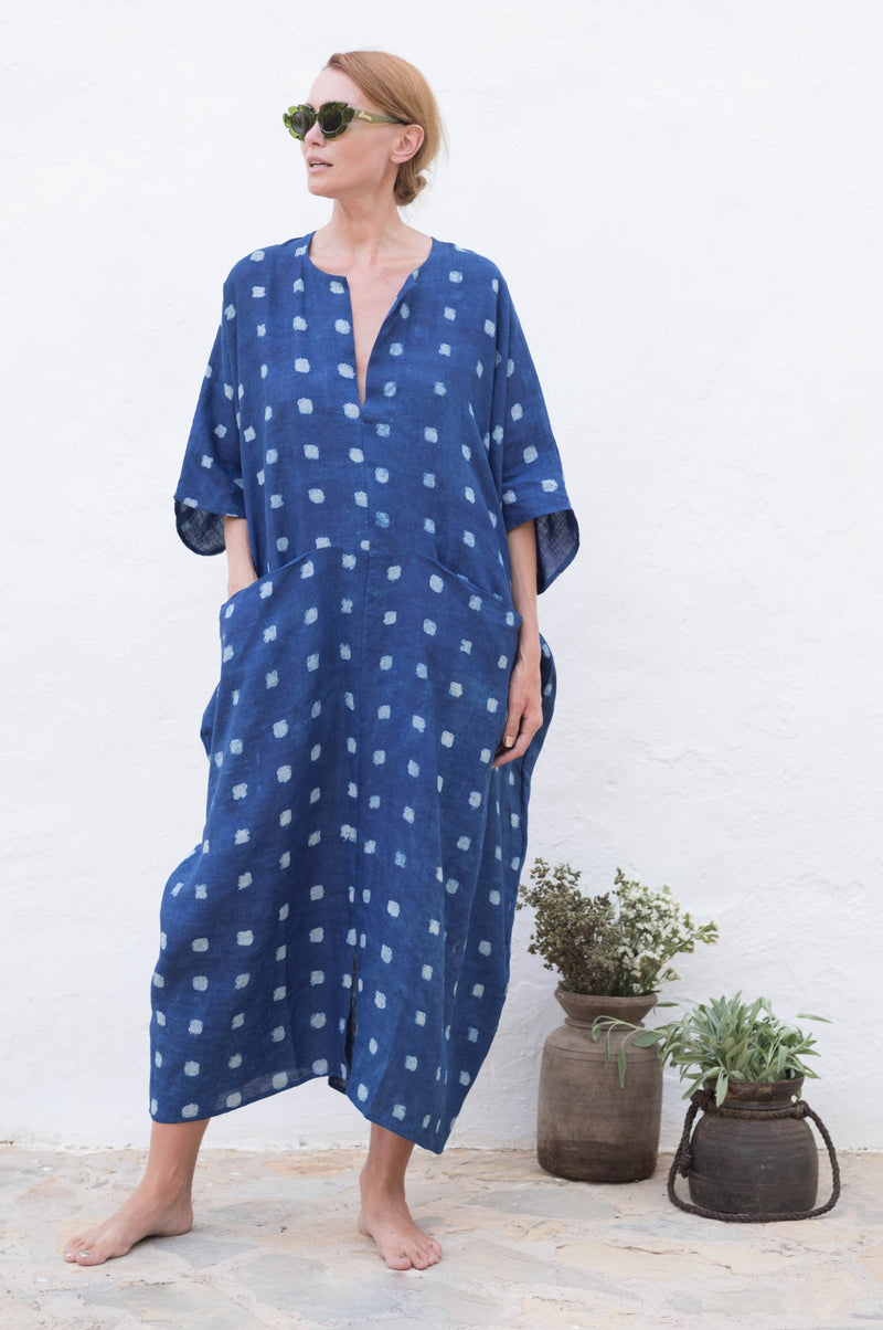 Indigo Mud - Print Linen Sanctuary Kaftan - YEVA WORLD