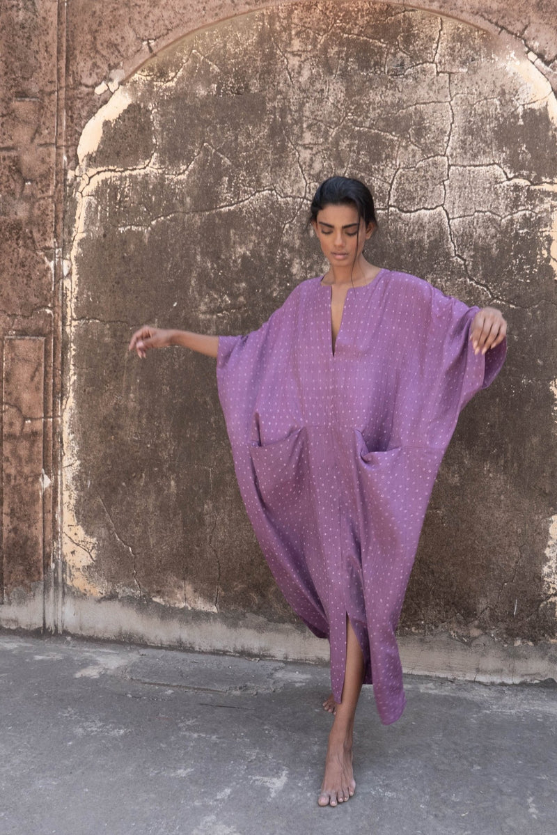 Lilac Miniature Bandhani Peace Silk Sanctuary Kaftan - YEVA WORLD