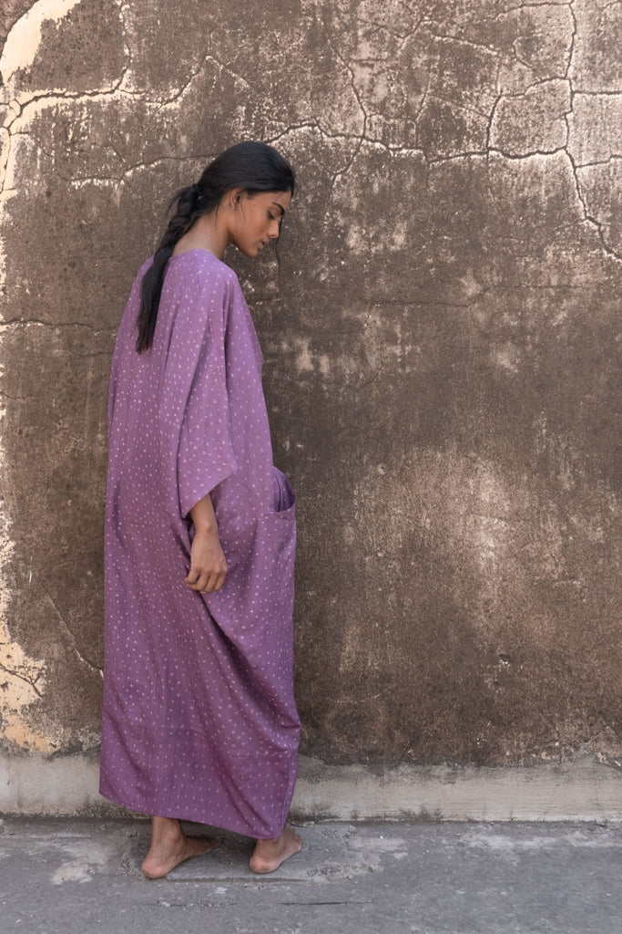 Lilac Miniature Bandhani Peace Silk Sanctuary Kaftan - YEVA WORLD