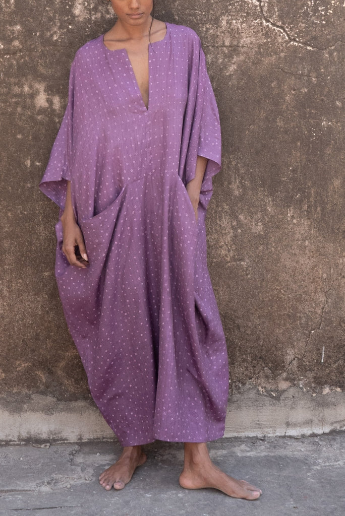 Lilac Miniature Bandhani Peace Silk Sanctuary Kaftan - YEVA WORLD