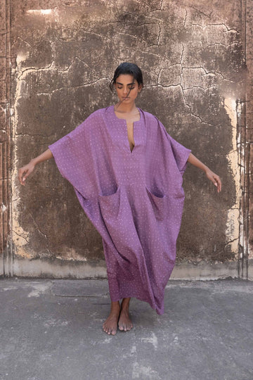 Lilac Miniature Bandhani Peace Silk Sanctuary Kaftan - YEVA WORLD