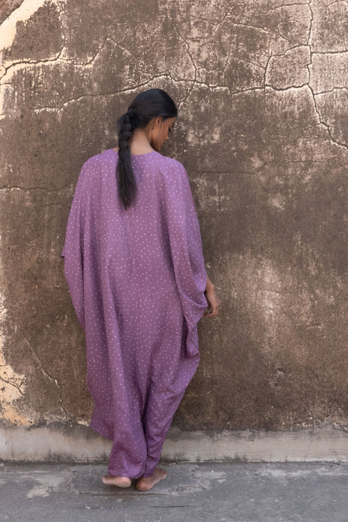 Lilac Miniature Bandhani Peace Silk Sanctuary Kaftan - YEVA WORLD