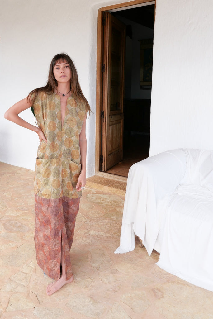 Silk Kantha Slim Kaftan - YEVA WORLD