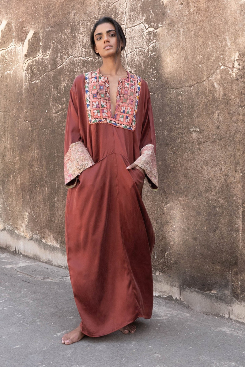 Vintage Embroidery Stone - Washed Silk Peace Kaftan - YEVA WORLD